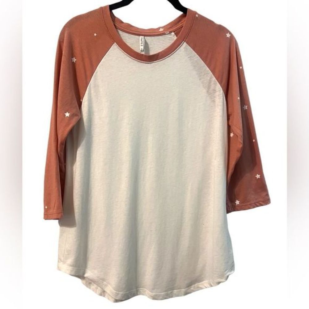Z Supply White Tee Baseball Style with 3/4 Blush Sleeves with White Stars Size S